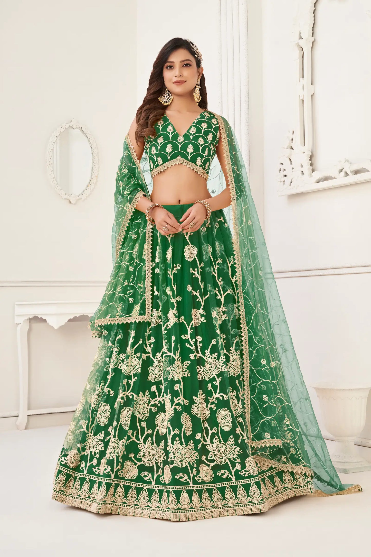 Green Net Lehenga Choli With White Cotton Thread Work, Zari Work & Sequence Work
