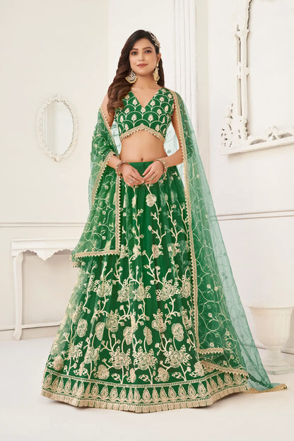Green Net Lehenga Choli With White Cotton Thread Work, Zari Work & Sequence Work