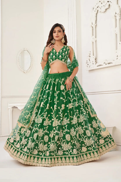 Green Net Lehenga Choli With White Cotton Thread Work, Zari Work & Sequence Work