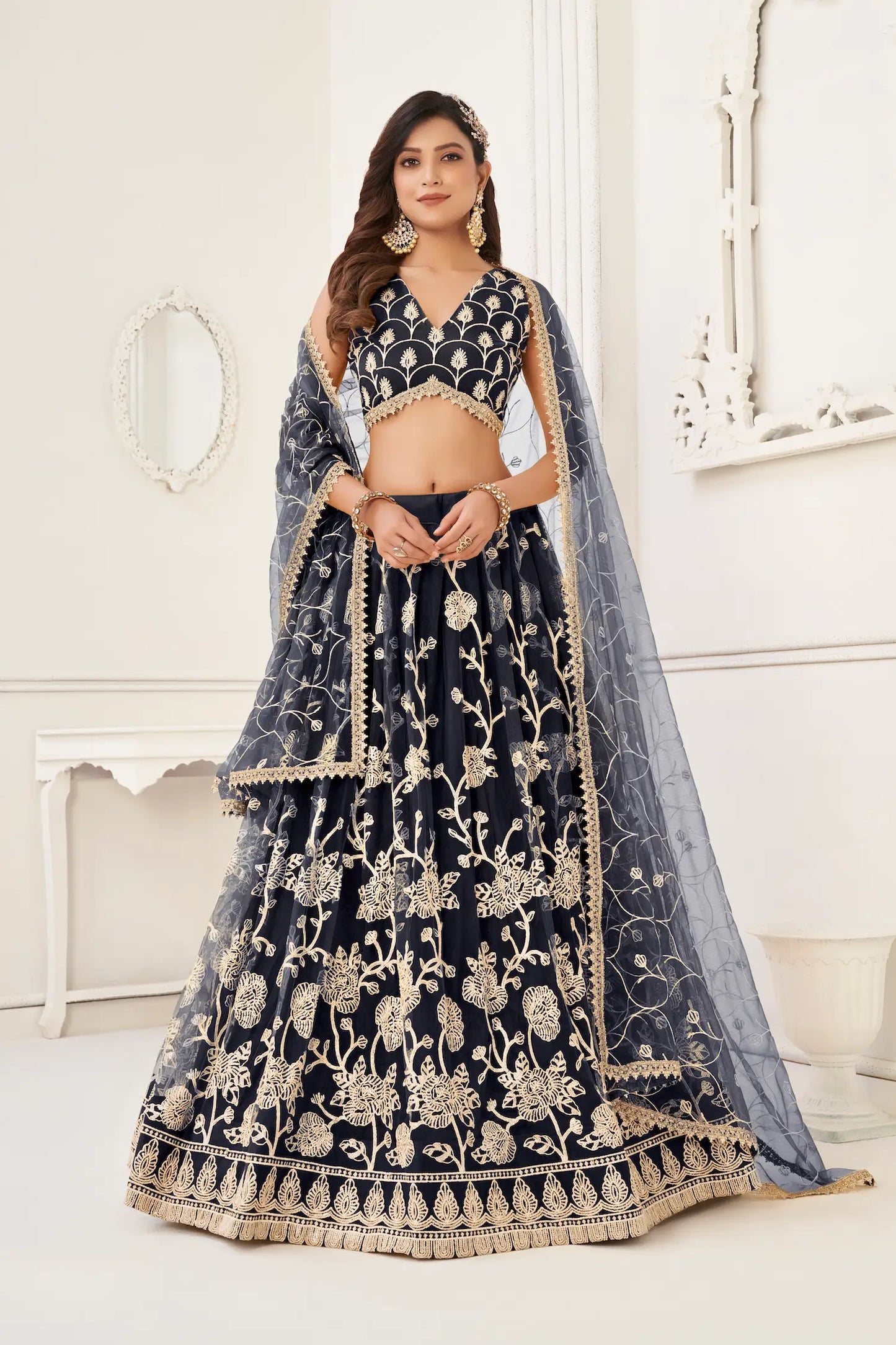 Black Net Lehenga Choli With White Cotton Thread Work, Zari Work & Sequence Work