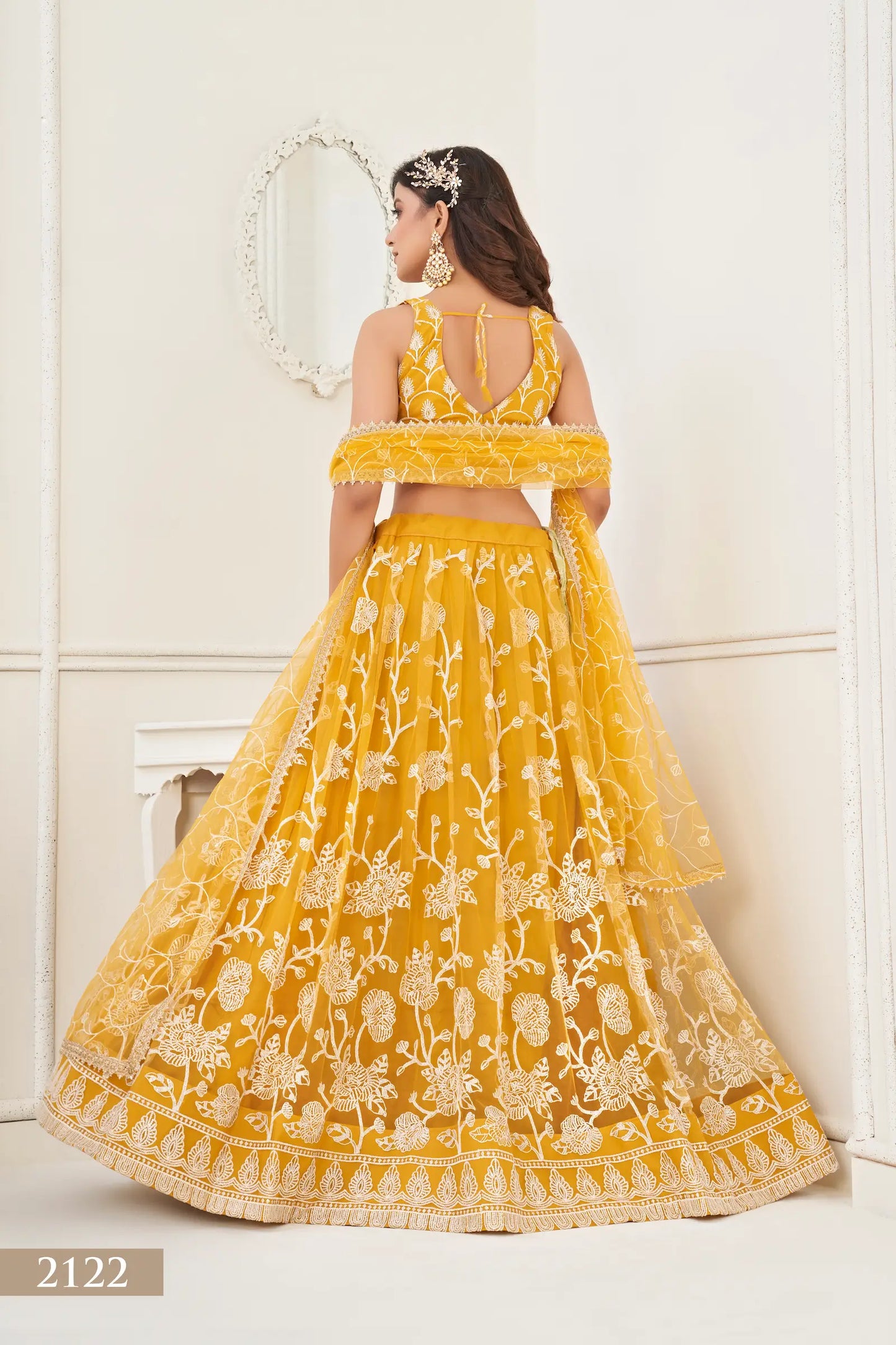 Yellow Net Lehenga Choli With White Cotton Thread Work, Zari Work & Sequence Work