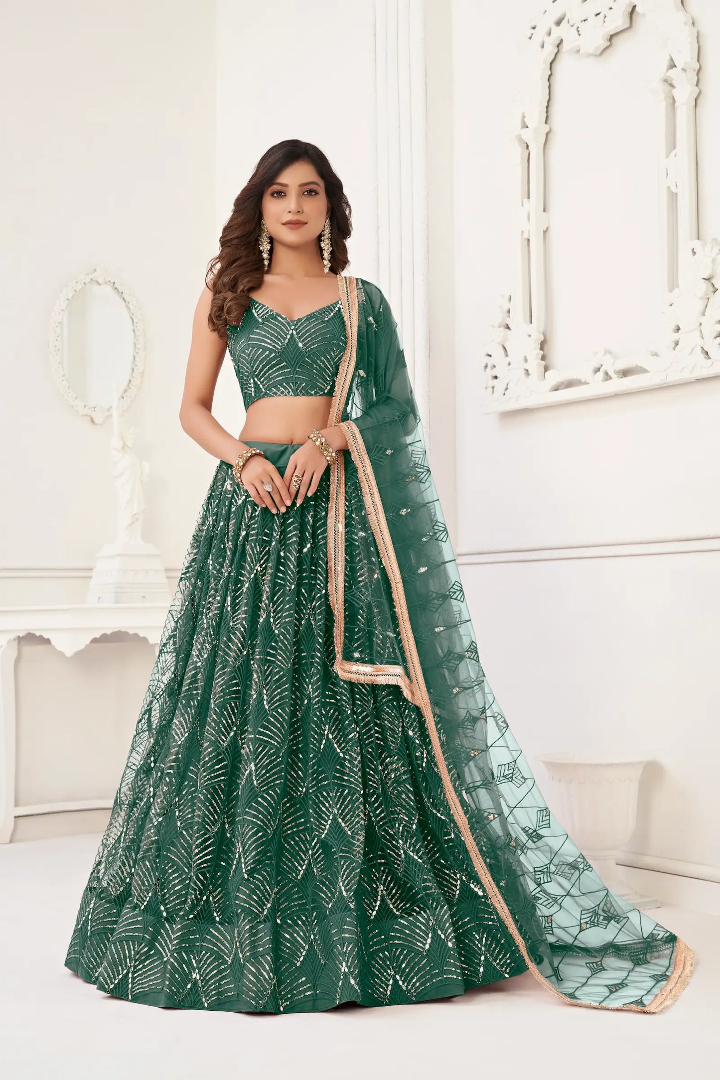 Bottle Green Net Lehenga Choli With Thread Work, Mirror Work & Sequence Embroidery Work