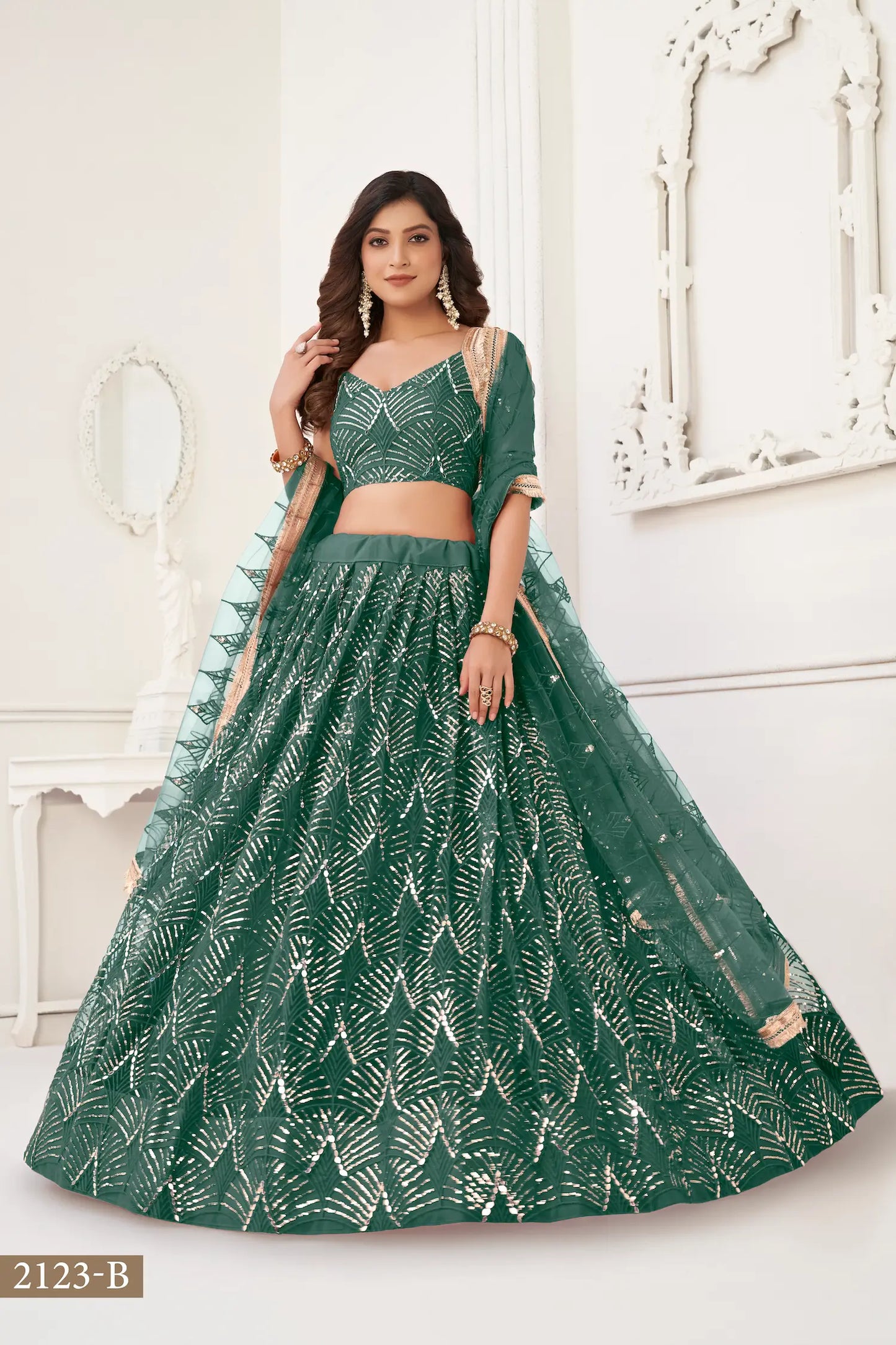 Bottle Green Net Lehenga Choli With Thread Work, Mirror Work & Sequence Embroidery Work