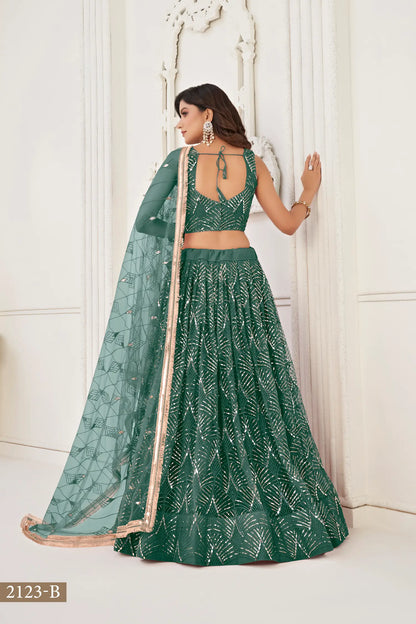 Bottle Green Net Lehenga Choli With Thread Work, Mirror Work & Sequence Embroidery Work
