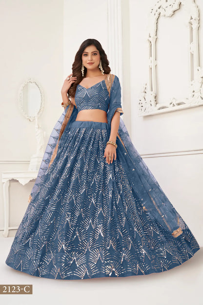 Teal Blue Net Lehenga Choli With Thread Work, Mirror Work & Sequence Embroidery Work