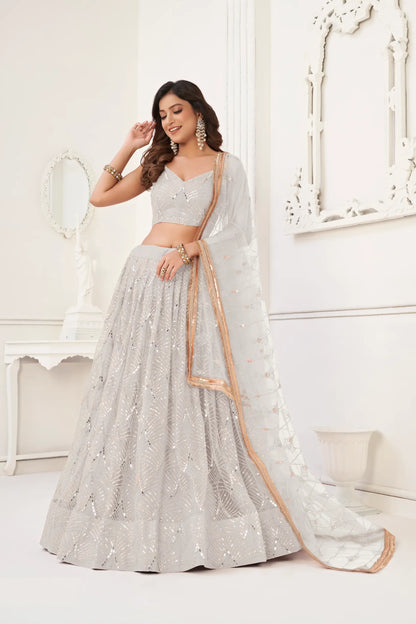 Off White Net Lehenga Choli With Thread Work, Mirror Work & Sequence Embroidery Work