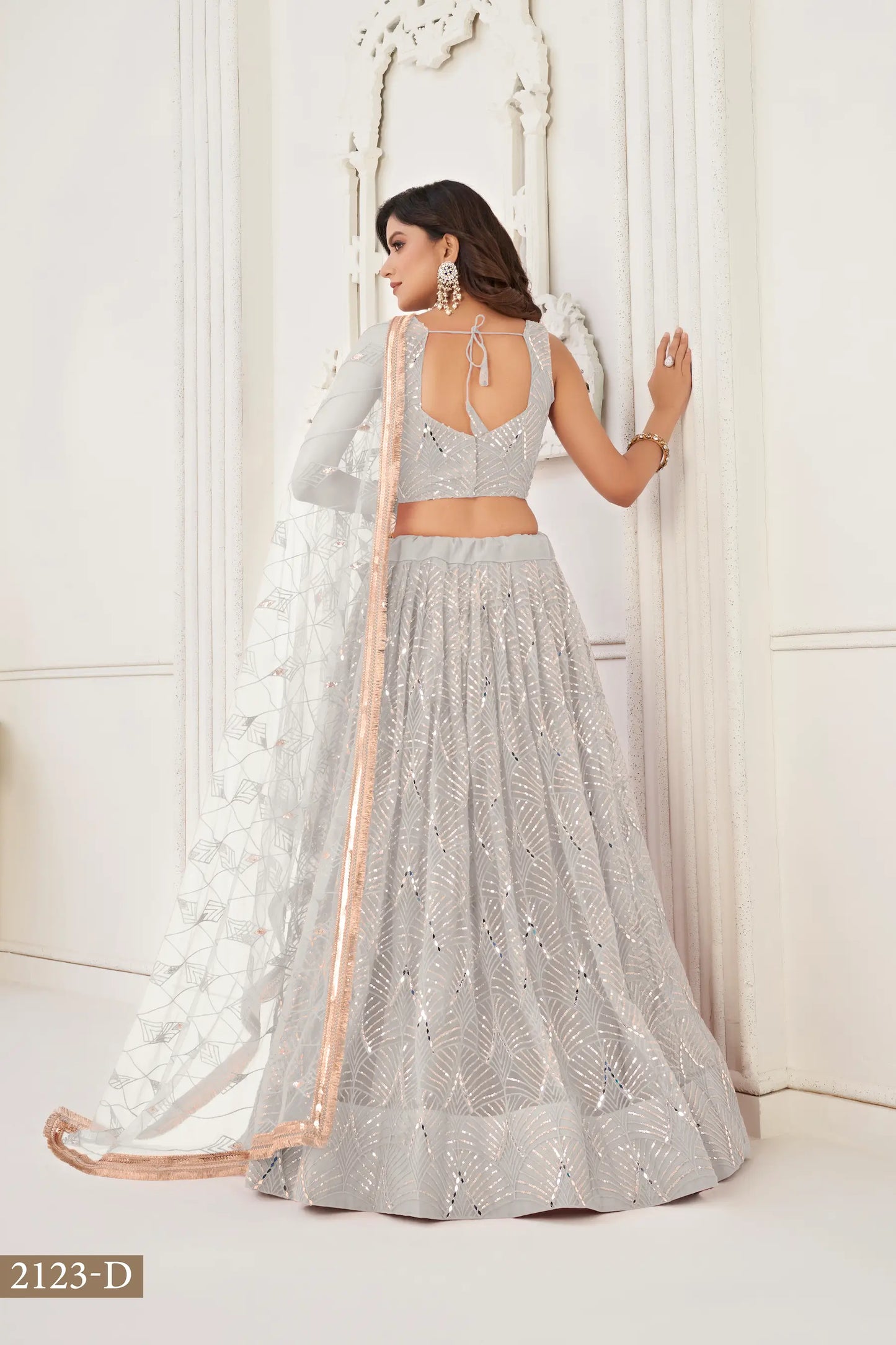 Off White Net Lehenga Choli With Thread Work, Mirror Work & Sequence Embroidery Work
