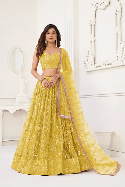 Yellow Net Lehenga Choli With Thread Work, Mirror Work & Sequence Embroidery Work