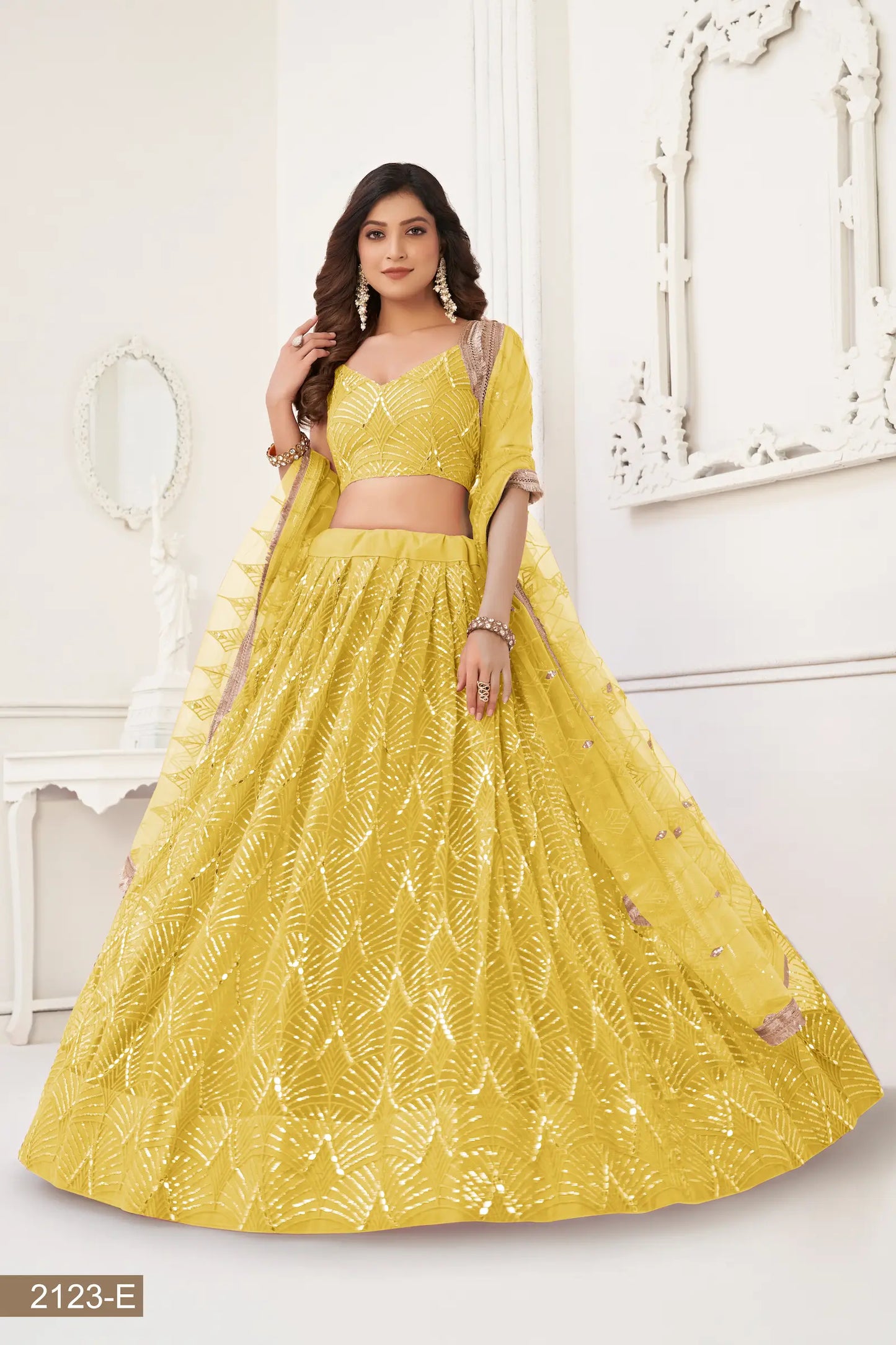 Yellow Net Lehenga Choli With Thread Work, Mirror Work & Sequence Embroidery Work