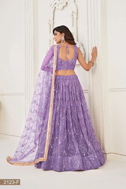 Lavender Net Lehenga Choli With Thread Work, Mirror Work & Sequence Embroidery Work