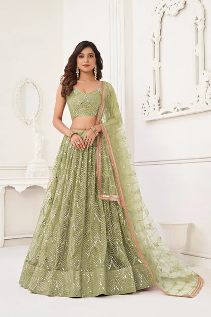 Pista Green Net Lehenga Choli With Thread Work, Mirror Work & Sequence Embroidery Work