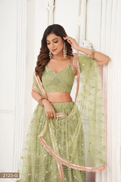 Pista Green Net Lehenga Choli With Thread Work, Mirror Work & Sequence Embroidery Work
