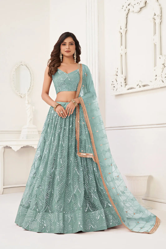 Ocean Blue Net Lehenga Choli With Thread Work, Mirror Work & Sequence Embroidery Work