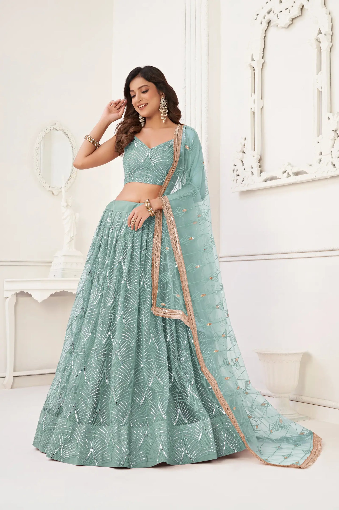 Ocean Blue Net Lehenga Choli With Thread Work, Mirror Work & Sequence Embroidery Work