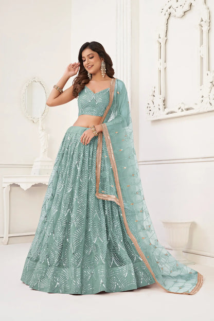 Ocean Blue Net Lehenga Choli With Thread Work, Mirror Work & Sequence Embroidery Work