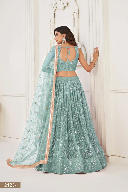 Ocean Blue Net Lehenga Choli With Thread Work, Mirror Work & Sequence Embroidery Work