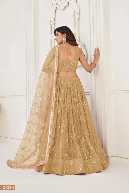 Dark Beige Net Lehenga Choli With Thread Work, Mirror Work & Sequence Embroidery Work