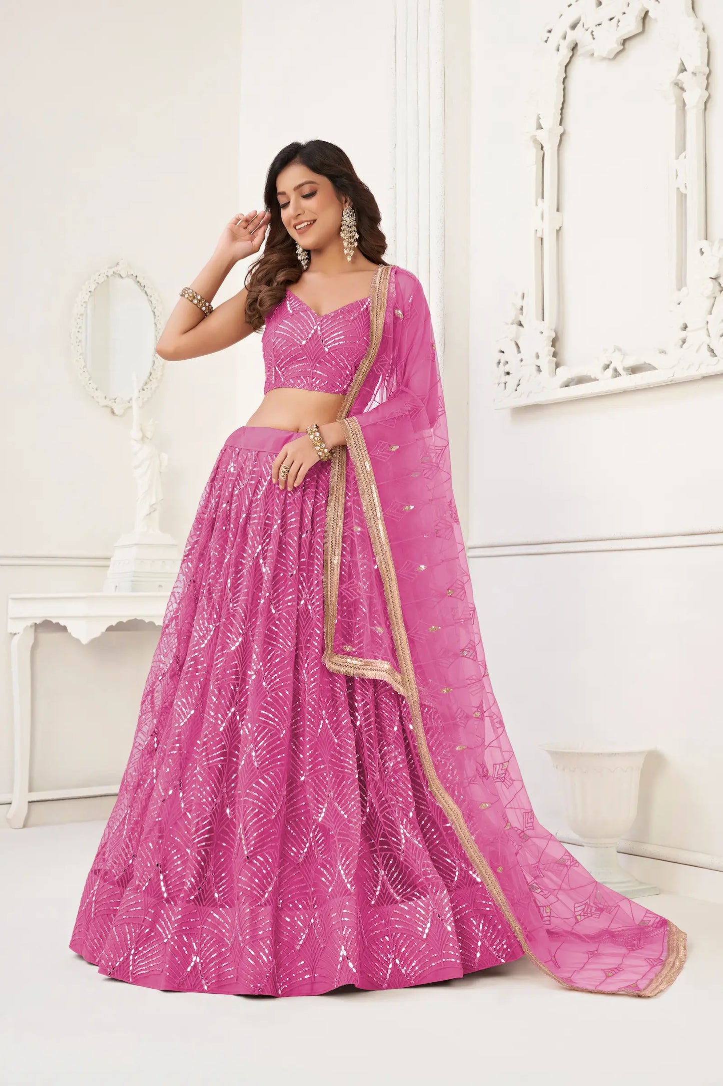 Pink Net Lehenga Choli With Thread Work, Mirror Work & Sequence Embroidery Work