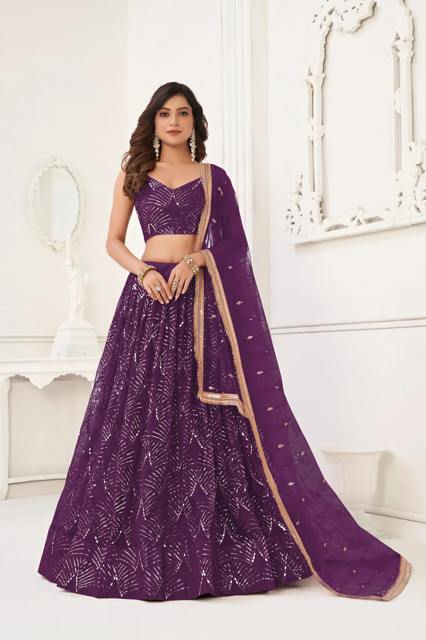 Wine Net Lehenga Choli With Thread Work, Mirror Work & Sequence Embroidery Work