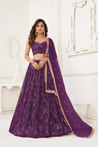 Wine Net Lehenga Choli With Thread Work, Mirror Work & Sequence Embroidery Work