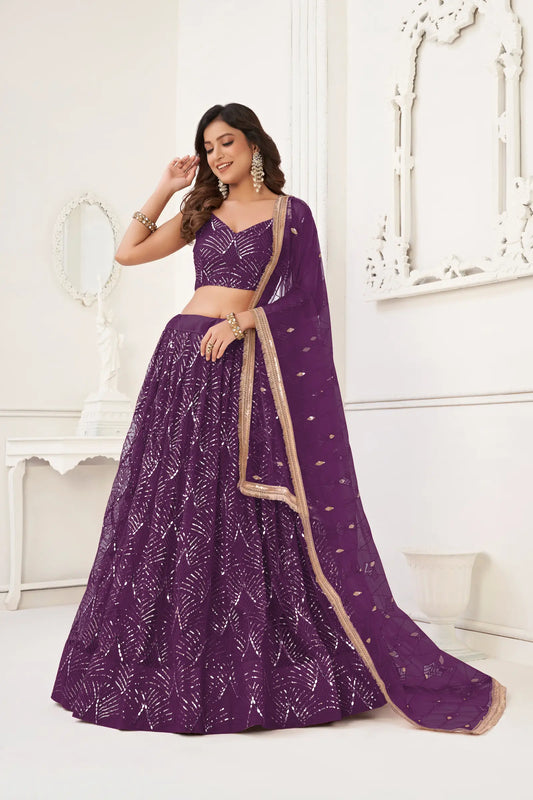 Wine Net Lehenga Choli With Thread Work, Mirror Work & Sequence Embroidery Work