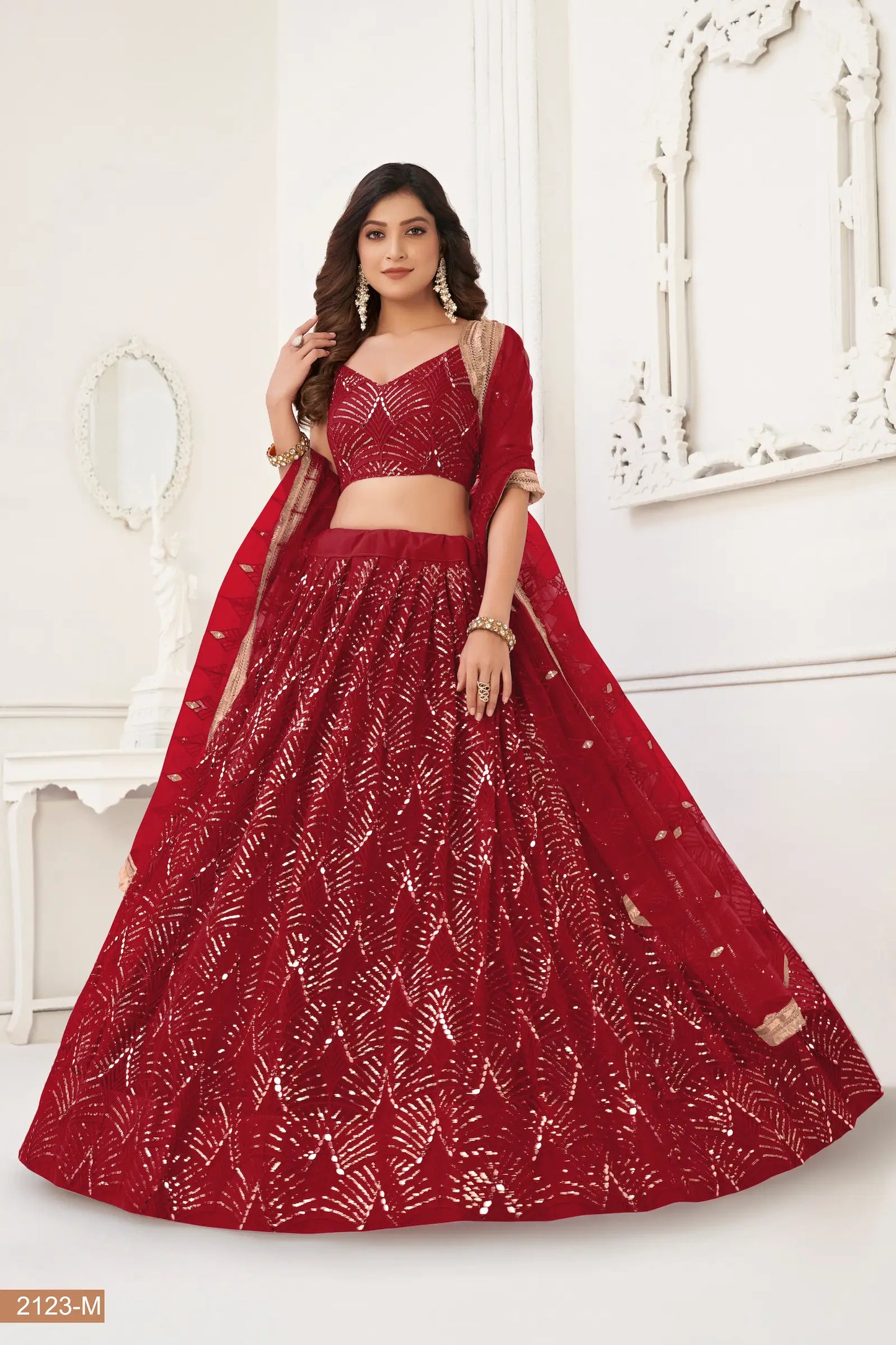 Maroon Net Lehenga Choli With Thread Work, Mirror Work & Sequence Embroidery Work