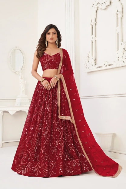 Maroon Net Lehenga Choli With Thread Work, Mirror Work & Sequence Embroidery Work