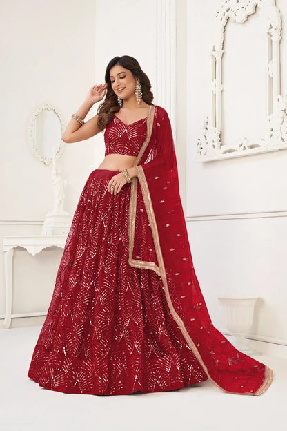 Maroon Net Lehenga Choli With Thread Work, Mirror Work & Sequence Embroidery Work