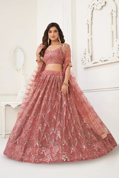 Dusty Onion Net Lehenga Choli With Thread Work, Mirror Work & Sequence Embroidery Work