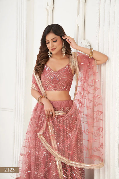 Dusty Onion Net Lehenga Choli With Thread Work, Mirror Work & Sequence Embroidery Work