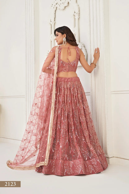 Dusty Onion Net Lehenga Choli With Thread Work, Mirror Work & Sequence Embroidery Work