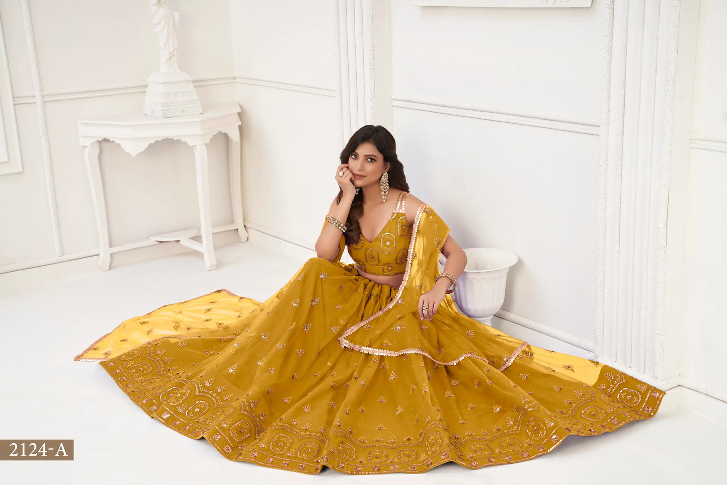 Mustard Net Lehenga Choli With Thread Work & Sequence Work