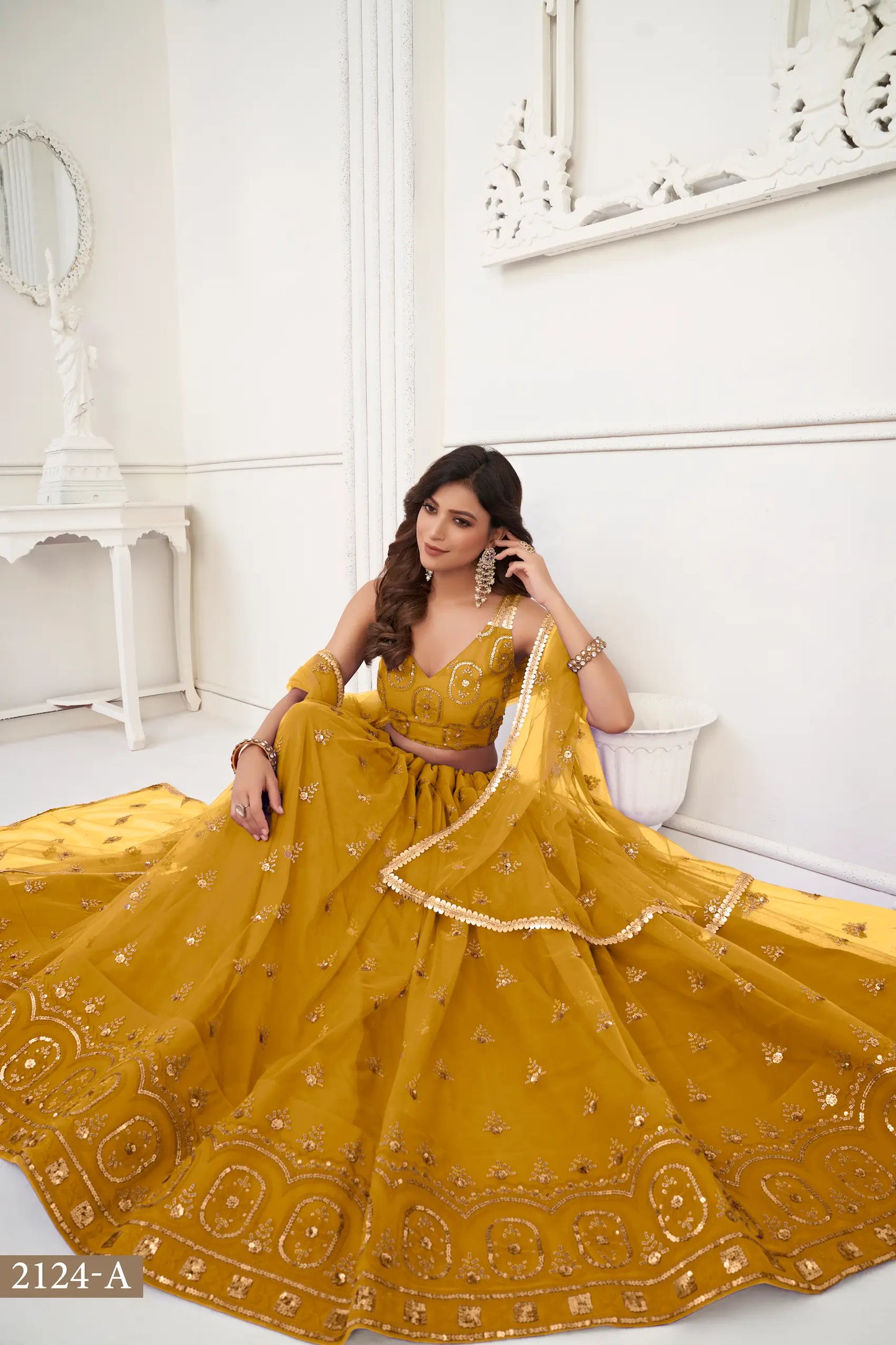 Mustard Net Lehenga Choli With Thread Work & Sequence Work