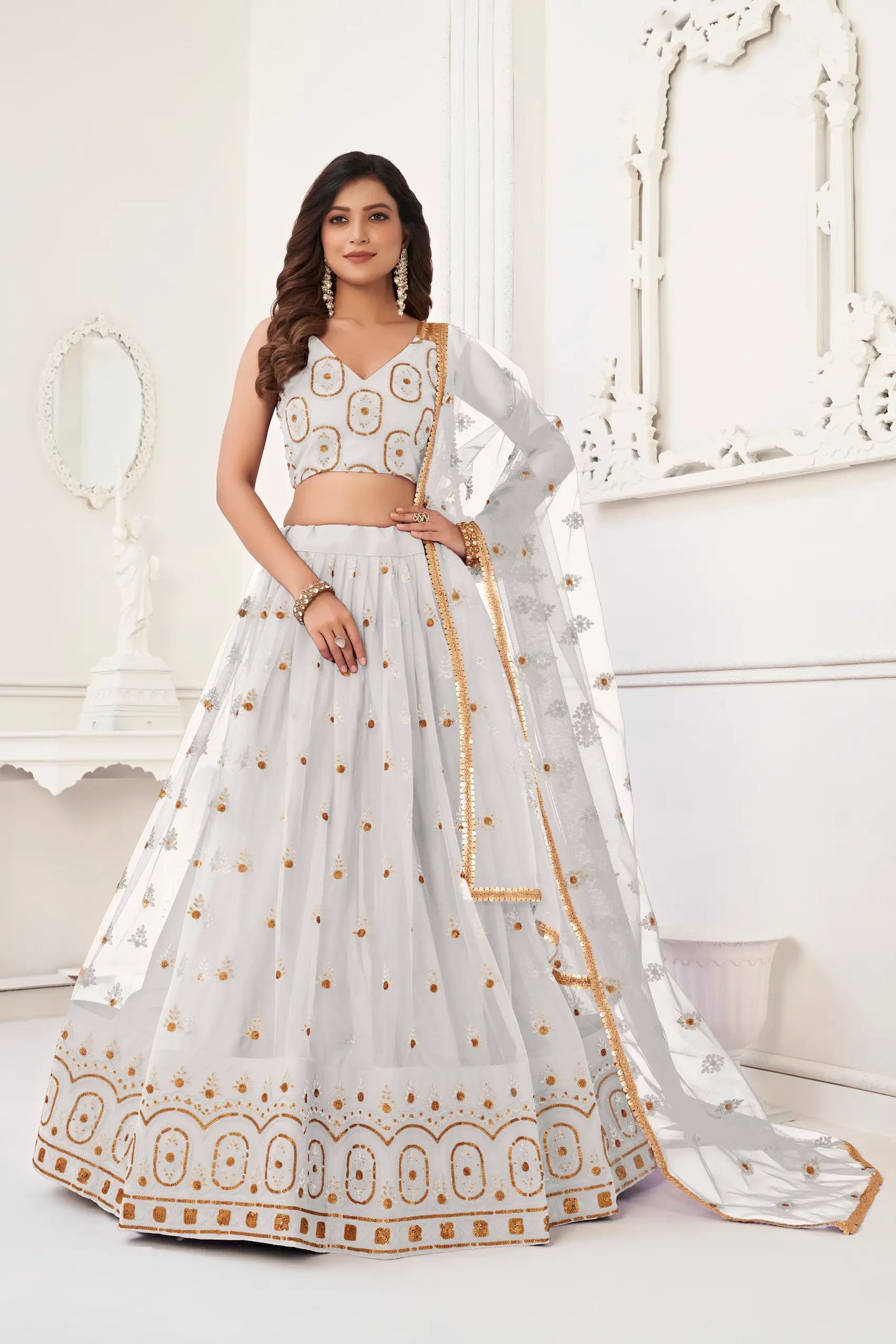 Off White Net Lehenga Choli With Thread Work & Sequence Work