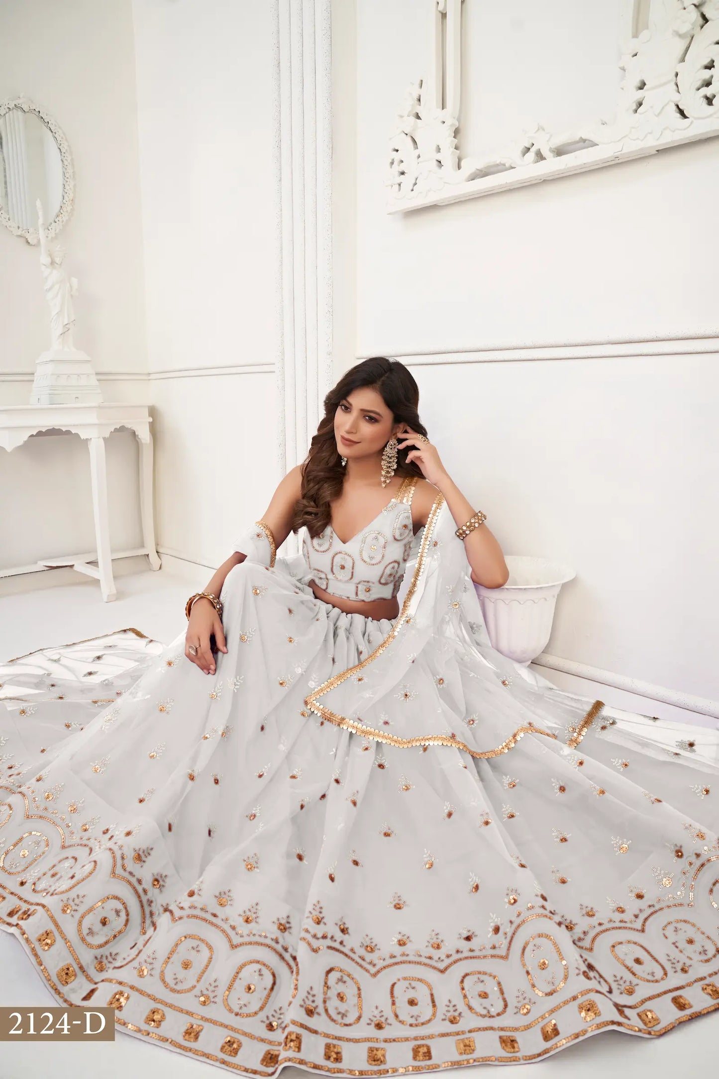 Off White Net Lehenga Choli With Thread Work & Sequence Work