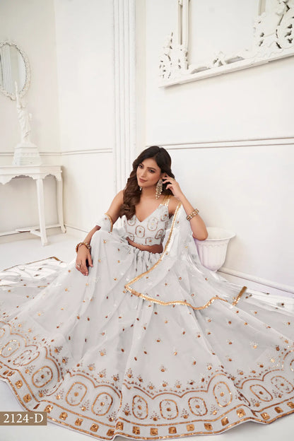 Off White Net Lehenga Choli With Thread Work & Sequence Work