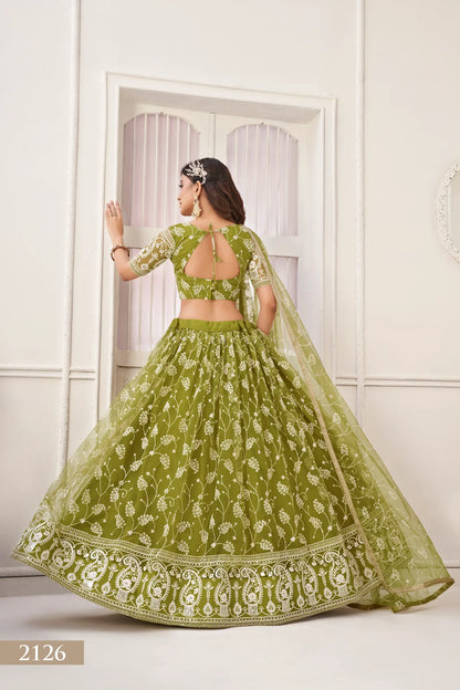 Olive Green Net Lehenga Choli With White Cotton Thread Work, Zari Work & Sequence Work
