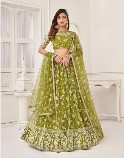 Olive Green Net Lehenga Choli With White Cotton Thread Work, Zari Work & Sequence Work