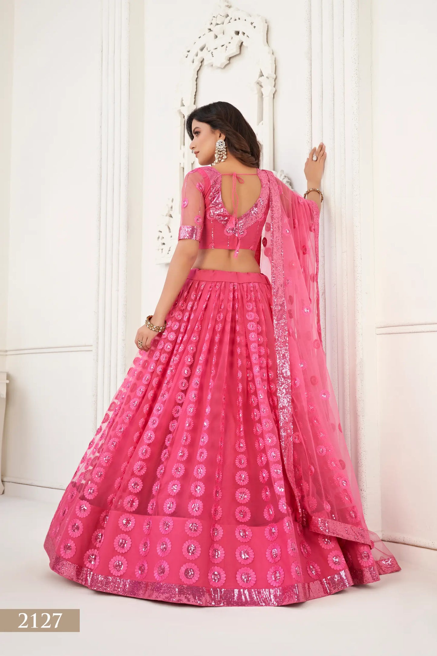 Bright Pink Net Lehenga Choli With Cotton Thread Work & Sequence Embroidery Work