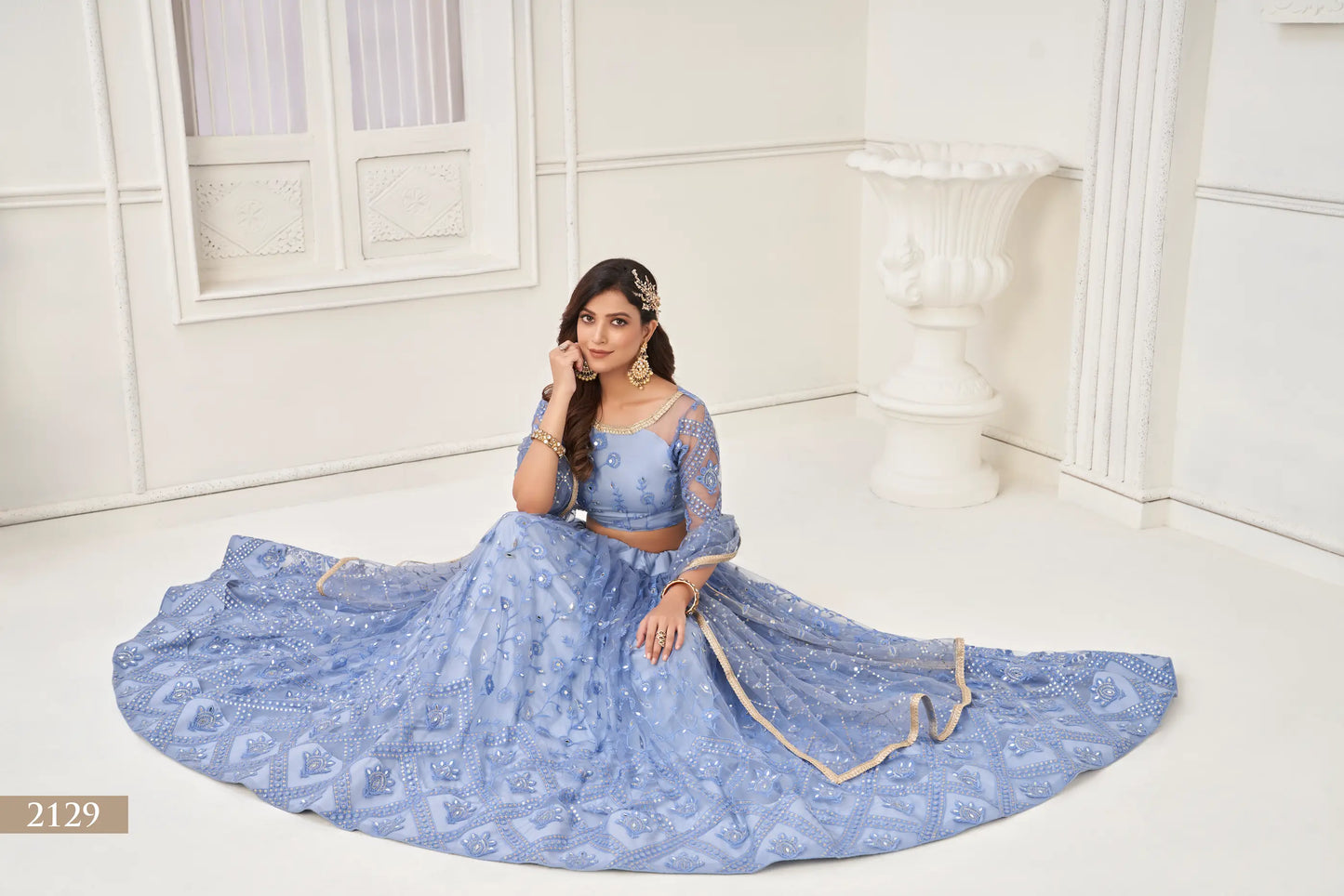 Sky Blue Net Lehenga Choli With Cotton Thread Work & Sequence Embroidery Work