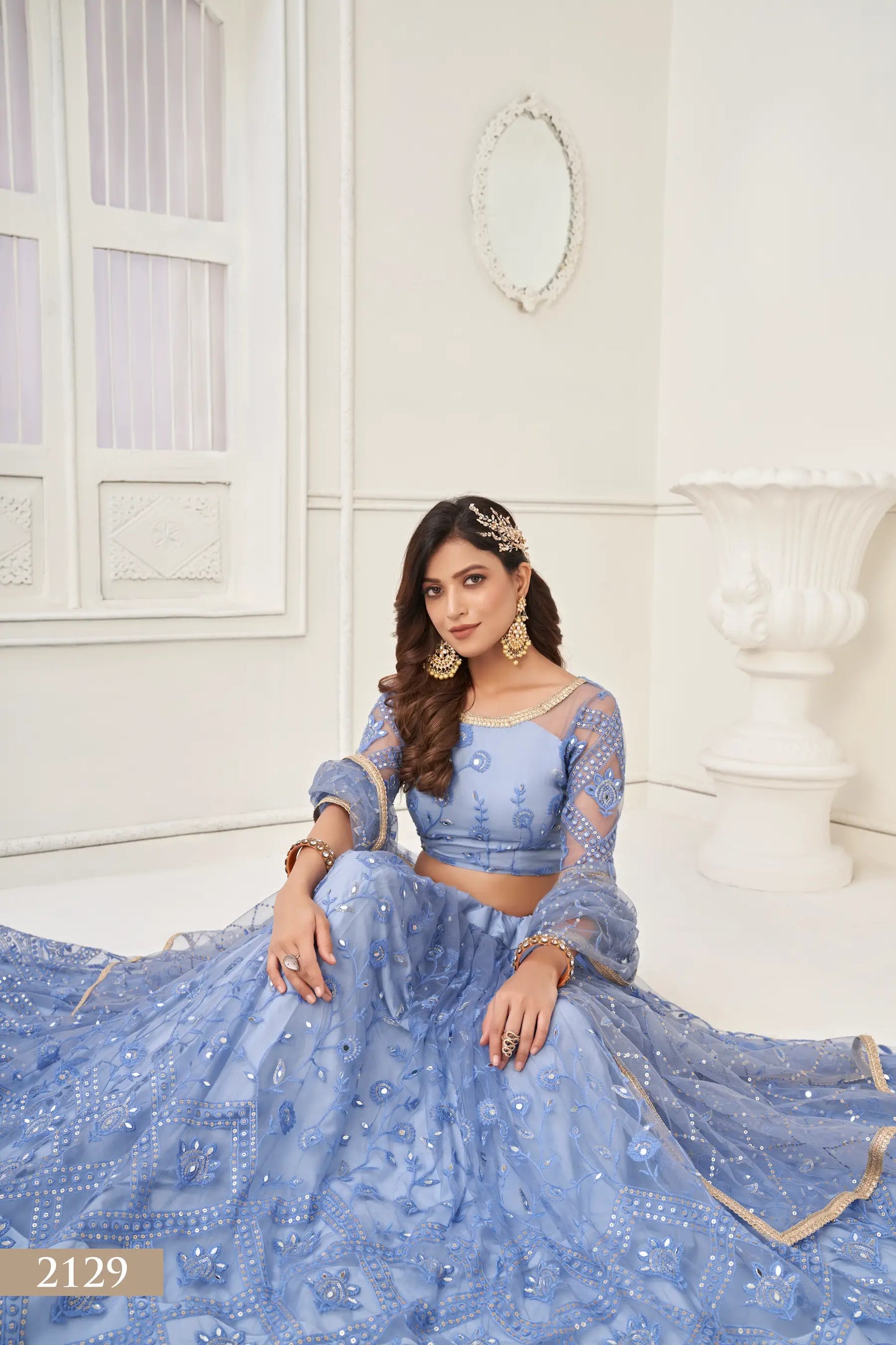 Sky Blue Net Lehenga Choli With Cotton Thread Work & Sequence Embroidery Work