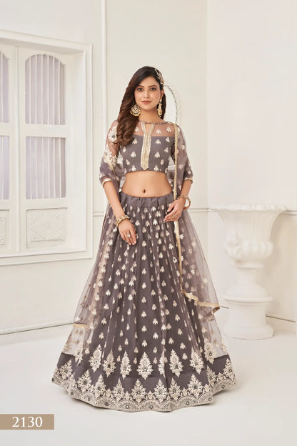 Space Grey Net Lehenga Choli With Cotton Thread Work & Sequence Embroidery Work