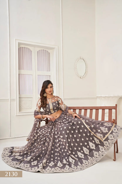 Space Grey Net Lehenga Choli With Cotton Thread Work & Sequence Embroidery Work