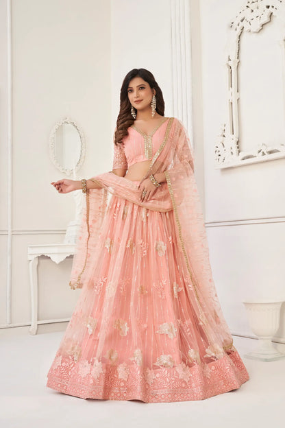 Peach Net Lehenga Choli With Cotton Thread Work & Sequence Embroidery Work