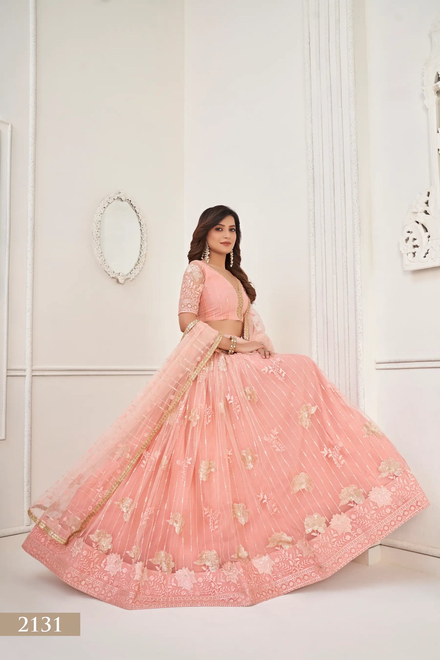 Peach Net Lehenga Choli With Cotton Thread Work & Sequence Embroidery Work