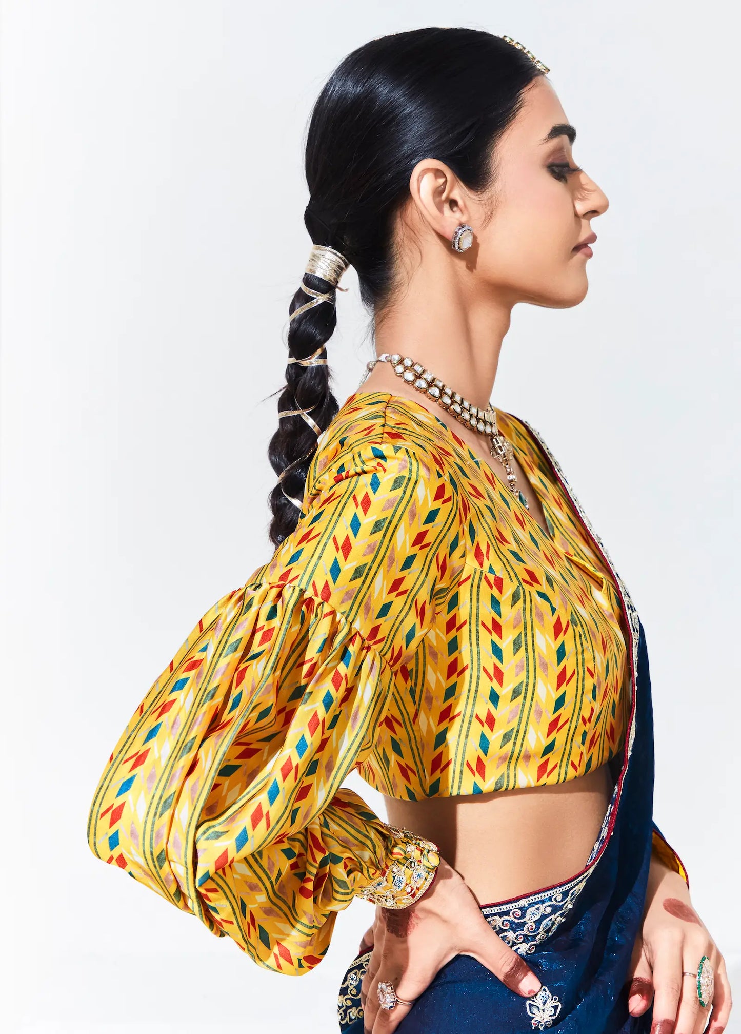 Blue Glass Organza Saree With Digital Print,  Sequence & Thread Embroidery Work
