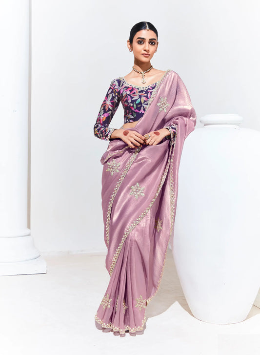 Dusty Pink Glass Organza Saree With Digital Print,  Sequence & Thread Embroidery Work