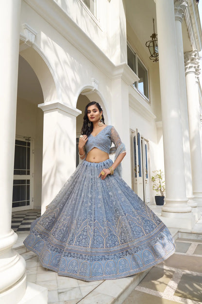 Blue Grey Net Lehenga Choli With Cotton Thread Work & Sequence Embroidery Work