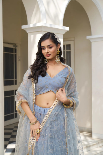 Blue Grey Net Lehenga Choli With Cotton Thread Work & Sequence Embroidery Work