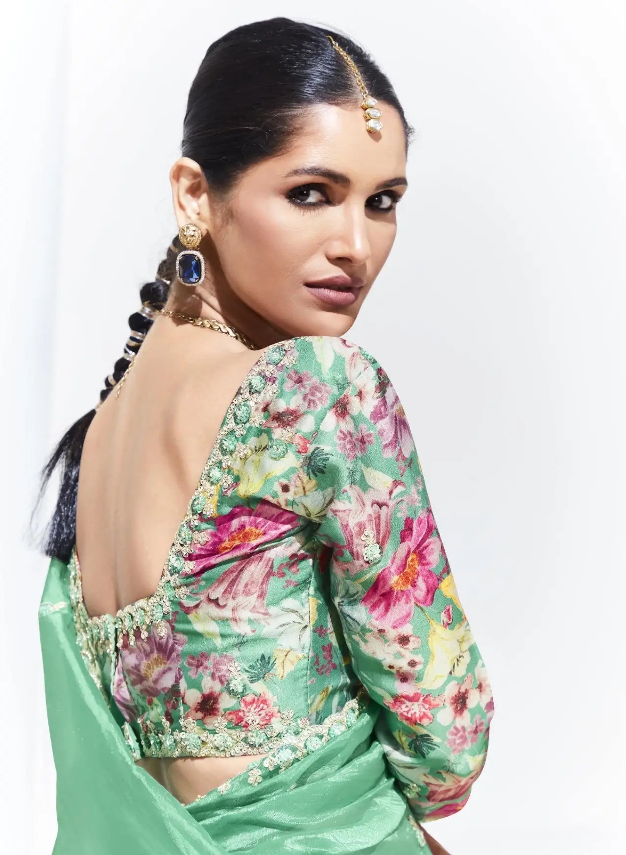 Pista Green Glass Organza Saree With Digital Print,  Sequence & Thread Embroidery Work